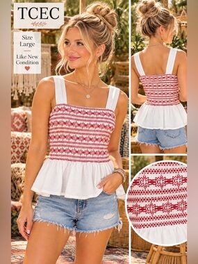 TCEC Red White Embroidered Smocked Peplum Tank Top Boho Large